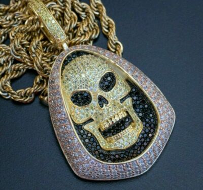 Solid 925 Sterling Silver Cubic Zirconia HipHop Style SKULL Frame Fine  Pendant
