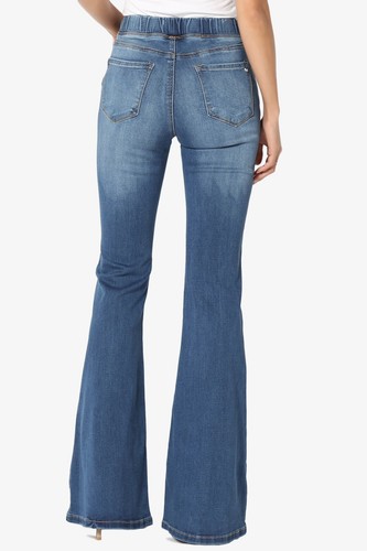TheMogan Elastic Waist High Rise Full Length Stretch Denim Flare Leg Jeans - Picture 22 of 26