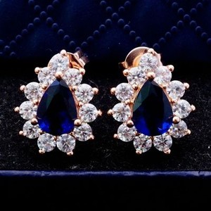 Authentic Pretty Rose Gold Plated Pear Shape Navy Blue CZ w/Accents Stud Post Earrings