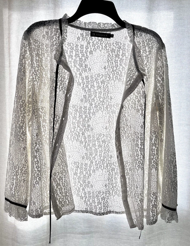 Camisa de encaje manga larga con botones cuello volantes Allegra K para mujer talla M Foto 4 de 4