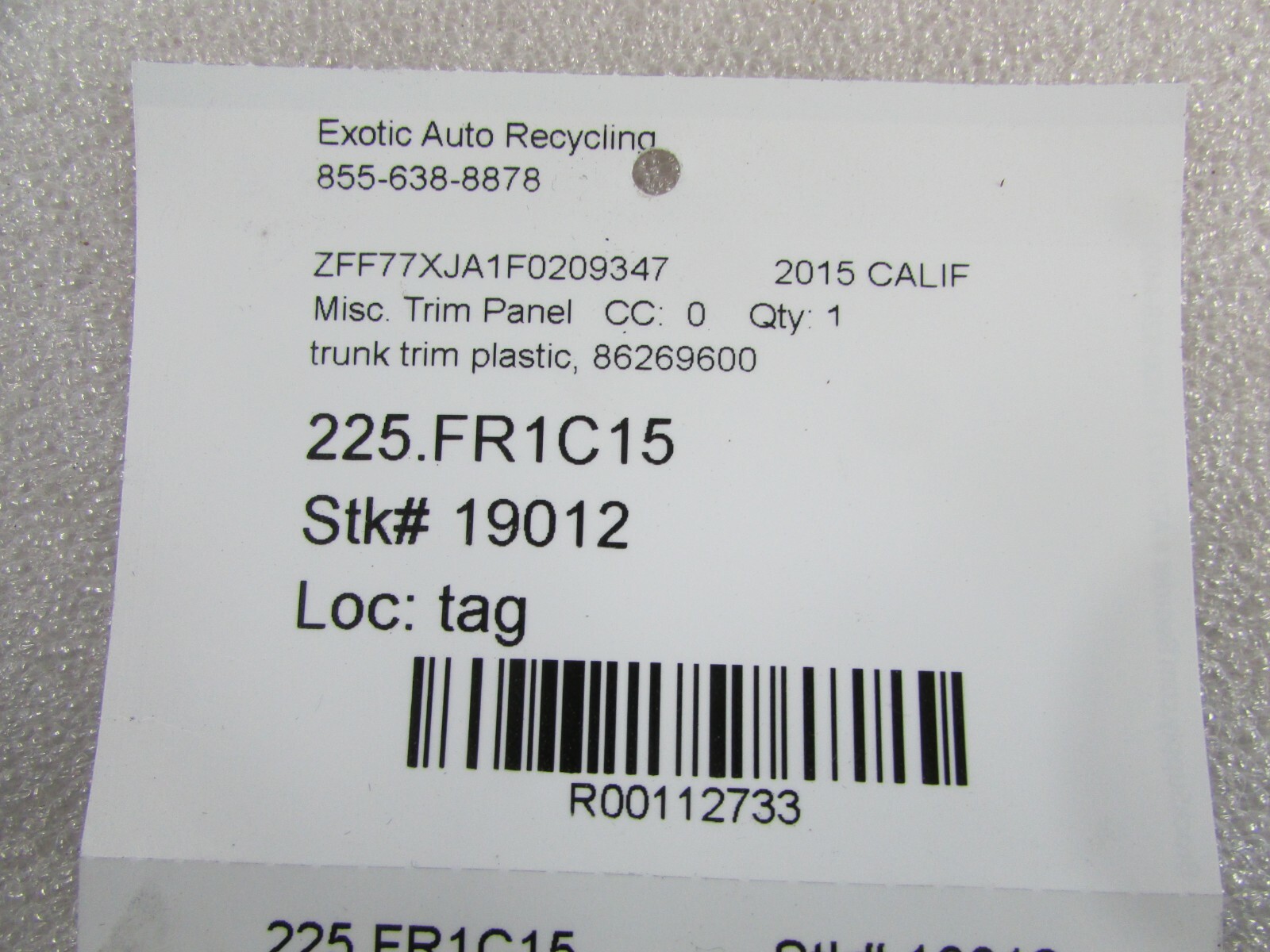Ferrari California, Plastic Trunk Trim Panel, Used, P/N 86269600