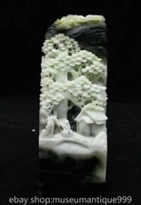 7.2" Chinese Natural Dushan Jade Carving Fengshui Tree People seal Statue