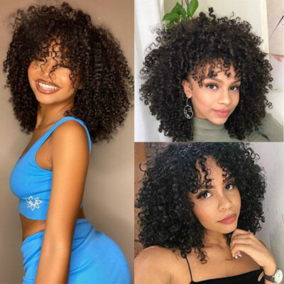 Machine Made Kinky Curly Wig with Bangs Brazilian Human Hair