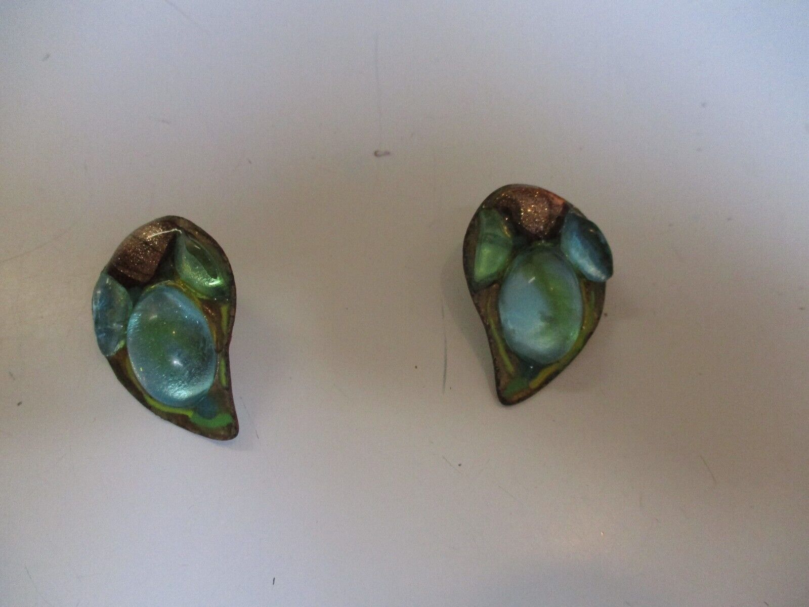 VINTAGE  Earrings BJ Blue Green Gold Art Glass St… - image 6