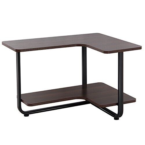 2-tier L-shape Side End Table L-Shape Dark Brown Sofa Table Desk Coffee Table - Picture 1 of 5