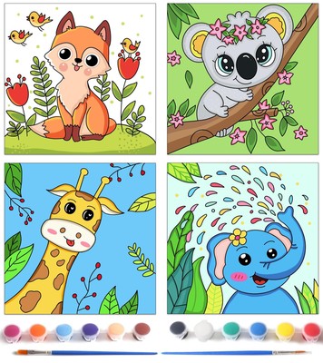 4 Pcs Kids Pre Drawn Canvas to Paint 8 x 8 Inch Canvas Painting Kits with 12 ...