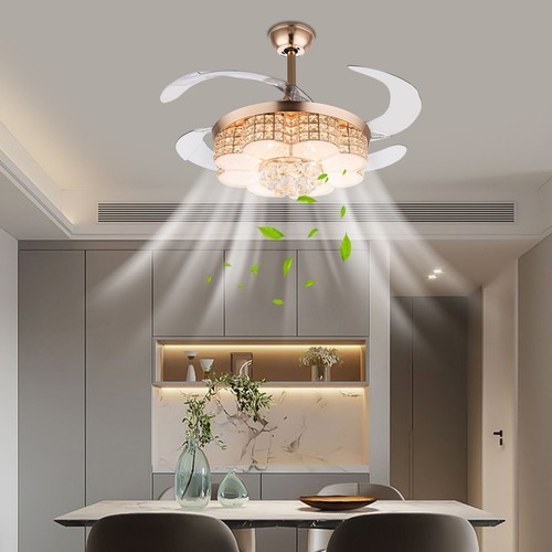 42" Crystal LED Gold Fan Ceiling Light 3-Color 6 Gears Speed Chandelier Remoter - Picture 3 of 24