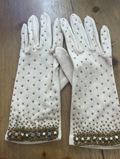 Vintage Women  s Ecru Stretch Gloves Gold Beaded Rhinestone Cuff Trim Hong Kong