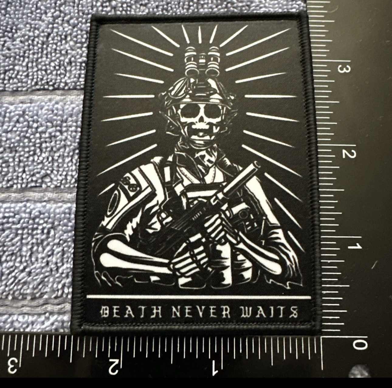 DEATH NEVER WAITS 2x4 Embroidered Morale Patch Hook Backing Brand New