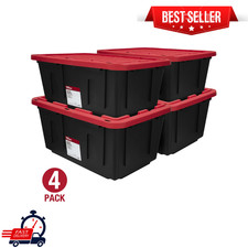 Pack of 4 Hyper Tough 27 Gallon Large Storage Bin with Snap Lid, Black and Red