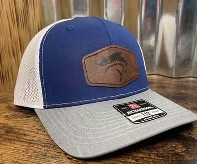 Richardson 112 Shark Leather Patch Trucker Hat Custom Made Blue/white/silver
