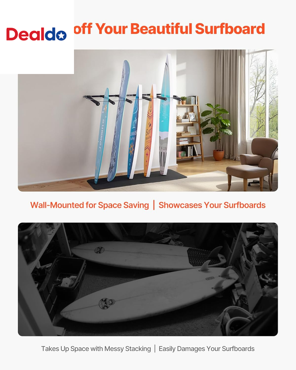 Surfboard Wall Mount, 6 Arms Vertical Surfboard Rack, Space-Saving