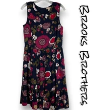 Brooks Brothers Retro Floral Ruffle Fit and Flare Dress Navy Womens Size 6