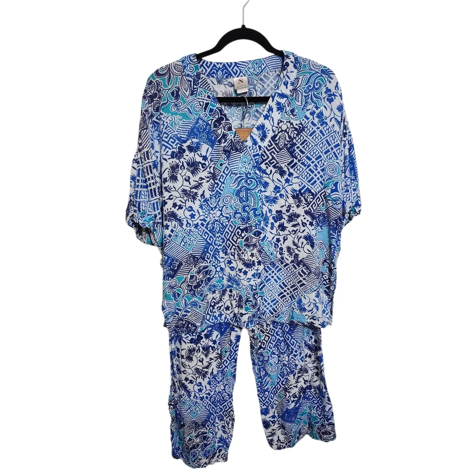 Conjunto de pijama de rayón estampado cachemir azul blanco Natori talla mediana Foto 4 de 4