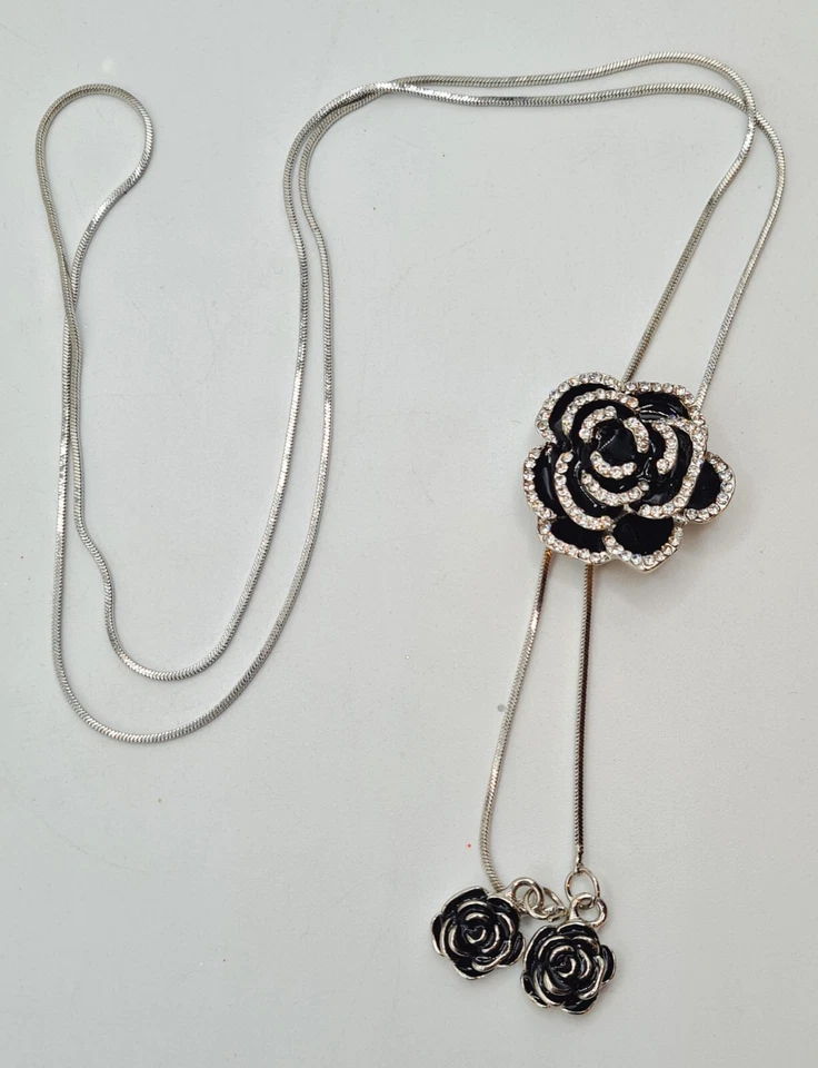 Collar Bolo Extra Largo Plata Rosa Negra 2.5" Acero Inoxidable 25-30" Regalo Foto 4 de 4