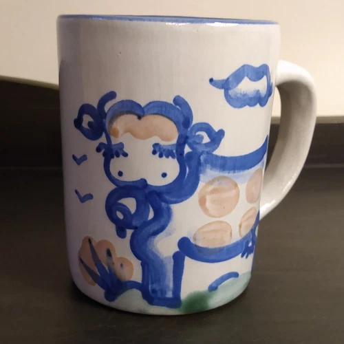 M.A. Hadley Pottery Signed Hand Painted Folk Art Blue Cow -The End.- Mug 8oz