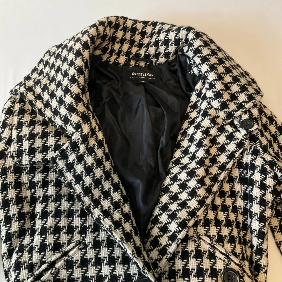 Chaqueta Coffeeshop Mujer Talla M Negra Blanca Forrada a Cuadros Manga Larga Bolsillos Cinturón Foto 3 de 4