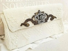 Vintage Ivory Beaded Clutch with Rhinestone Crown Detail Metal Embellishment