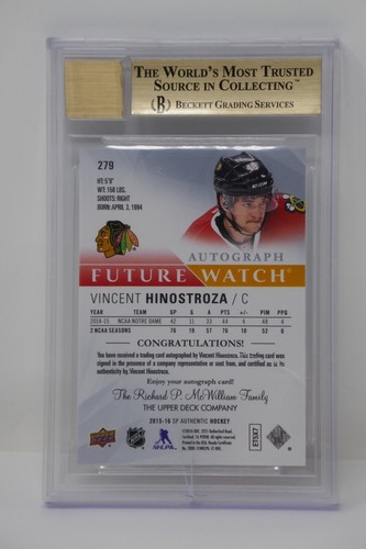 2015-16 SP auténtico #279 Vincent Hinostroza AU/999 RC Blackhawks Beckett 9,5 - Imagen 7 de 10
