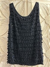 Vintage 60s Black Sleeveless Deco Beaded Fringed Dressy Shell Top Hong Kong Sz M