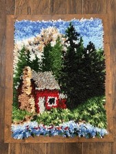 Vintage Latch  Hook Rug Wall Art Hanging Farmhouse Cottage Framed 18x22 Rustic