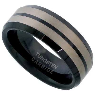 8mm Schwarz Wolfram Hochzeit Ring, Geätzt Doppel Streifen Abgeschrägte Seiten - Bild 1 von 2
