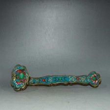 Pure Copper Cloisonn Wire Inlaid with Emerald Gemstone Ruyi