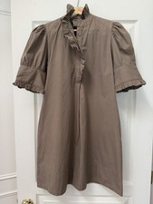 Navybleu Westport Dress $216 Beige Cotton Shift  Ruffle Trim Puff Sleeve Size S