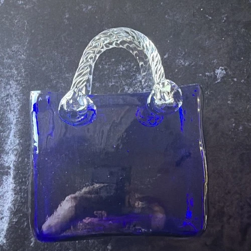 VINTAGE Murano Style Glass PURSE VASE Cobalt BLUE Handblown Handbag 12” Gift