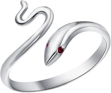 925 Sterling Silver Adjustable Finger Opening Ruby Emerald Eye Snake Ring