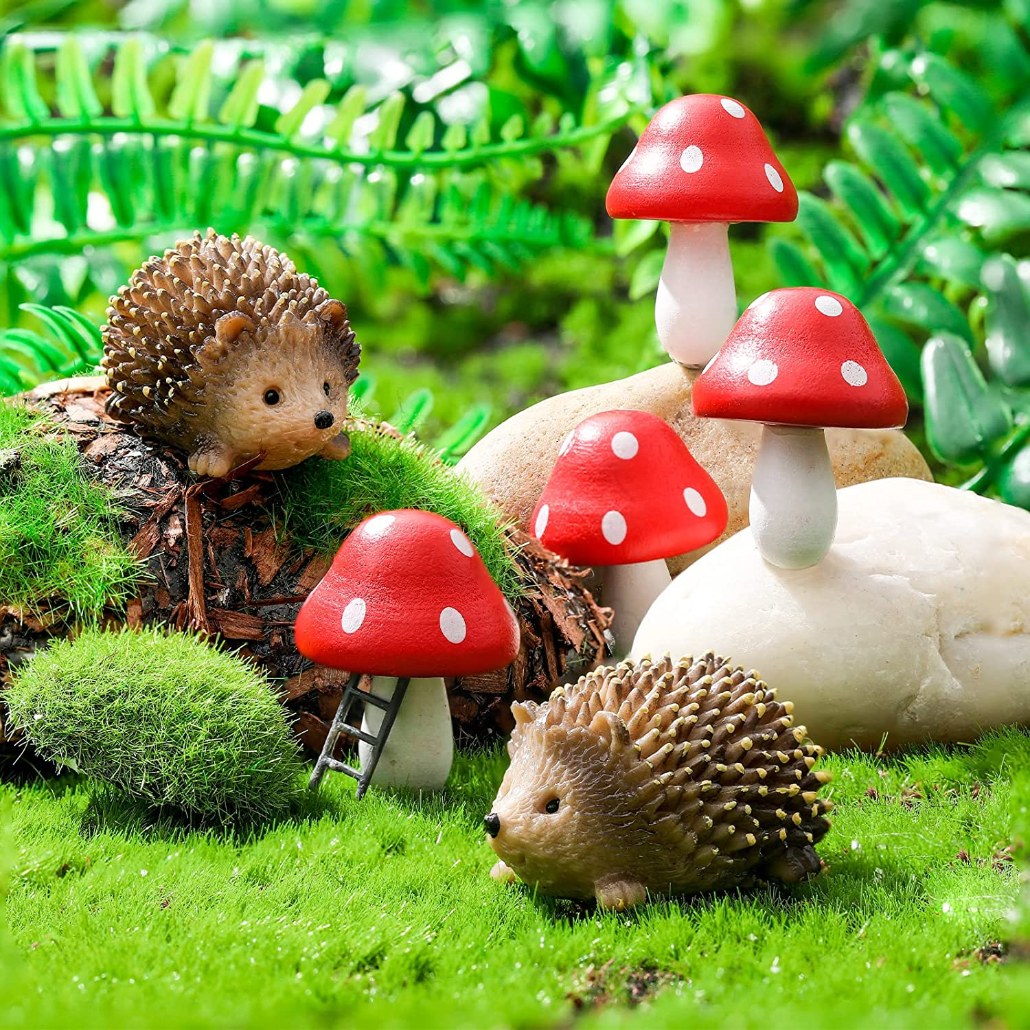 6PCS Handmade Resin Hedgehog & Mushroom Fairy Garden Decor Red Sculptures