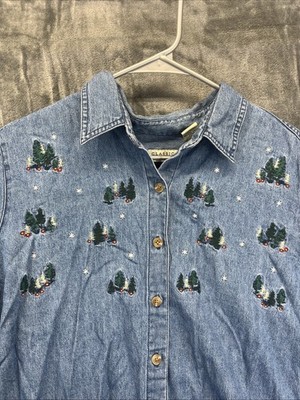Classic Elements Women L Denim Top XL Blue Embroidered Christmas Trees