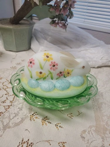 Fenton Covered Bunny Dish Spring Finery Bunny Rabbit Box Blue Easter Eggs