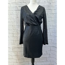 Boohoo Black Sequin Party Shift Dress Size 10 Long Sleeve V-Neck Cross Over