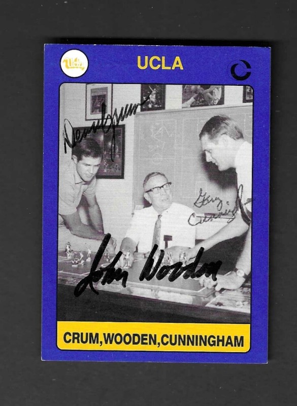 JOHN WOODEN DENNY CRUM GARY CUNNINGHAM UCLA Signed ' 91 Collegiate Coll. Card