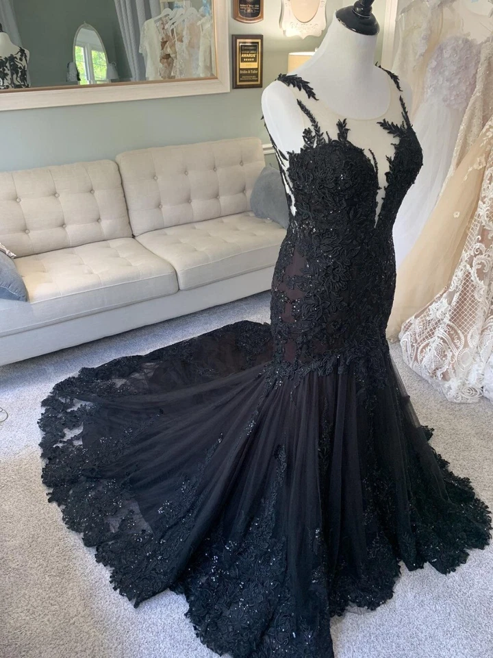 Vestidos de novia de sirena gótico negro lentejuelas apliques de encaje vestido de novia sin mangas Foto 3 de 4