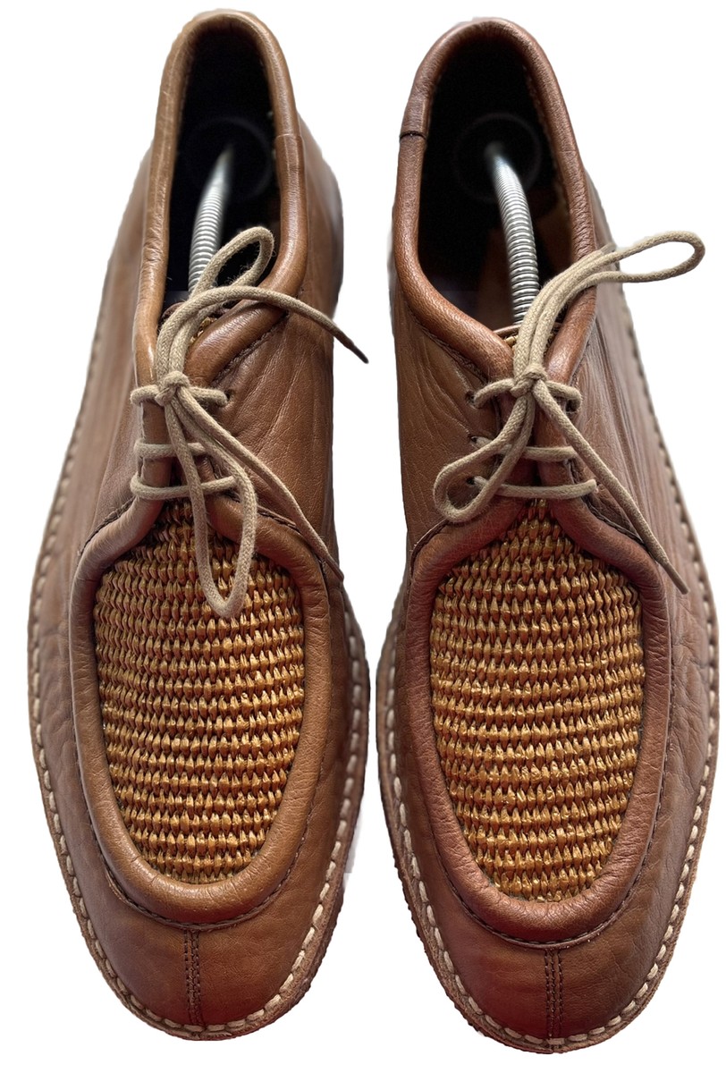 BURBERRY PROSUM Brown Leather Woven Straw Crepe Sole Shoes Size UK
