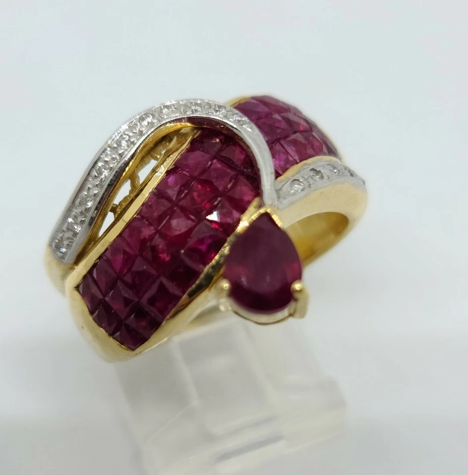 18K Yellow Gold Natural Pear Shape Ruby & Diamond Band Ring Size 9 MSRP $8,500 - Image 2 of 4
