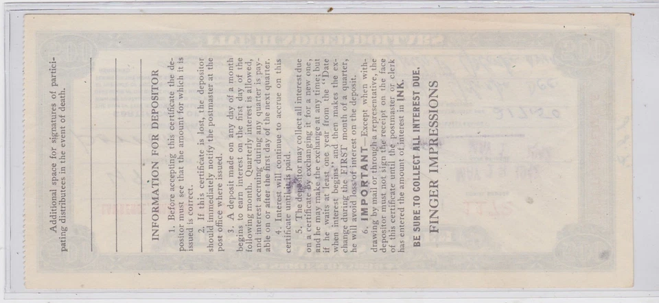 $500.00  SERIES OF 1939 POSTAL SAVINGS SYSTEM CERTIFICATE PAID LAWRENC MA  12113 - Image 2 of 2