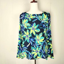 Karen Kane Floral Long Bell Sleeve Blouse Size S Made in USA Crepe Top Boat Neck