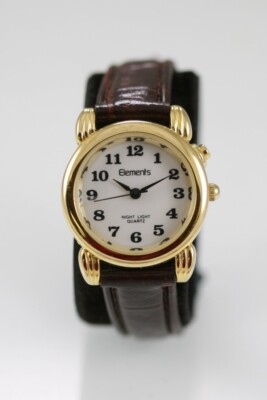 Elements Watch Women Gold Stainless St WR Leather Brown Light Batt White Quartz