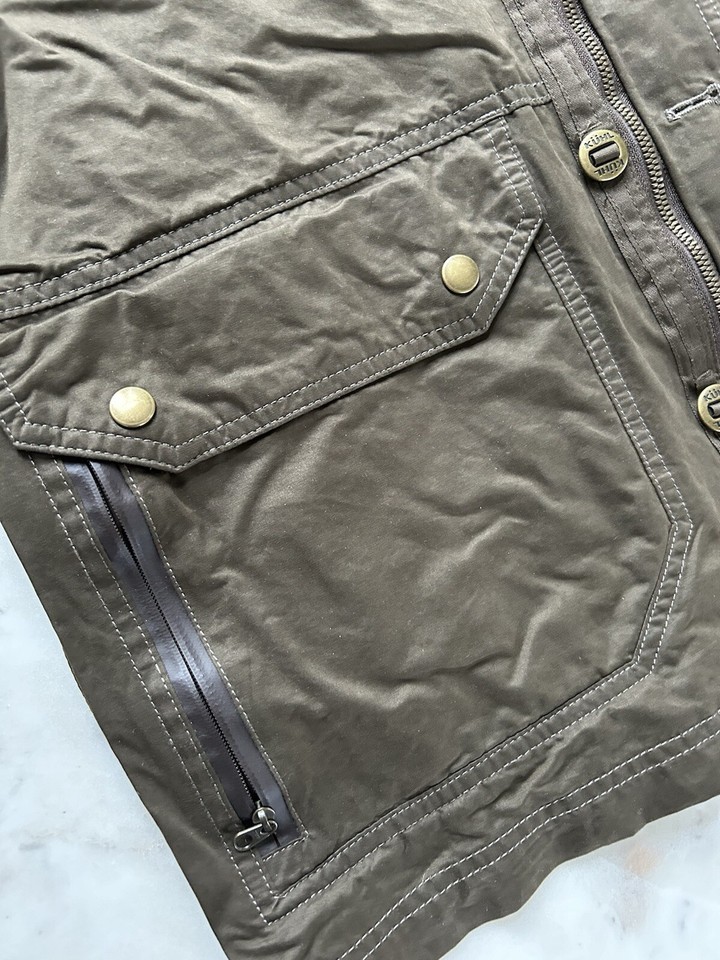 Kuhl Kollusion Jacket Mens M Dark Khaki Waxed Fabric Stowaway Hood
