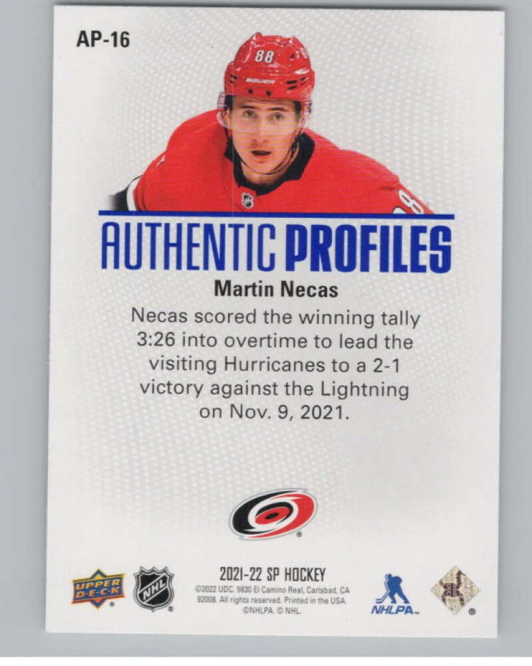 2021-22 SP Authentic Profiles Blue #AP-16 Martin Necas Hurricanes V102621 - Image 2 of 3