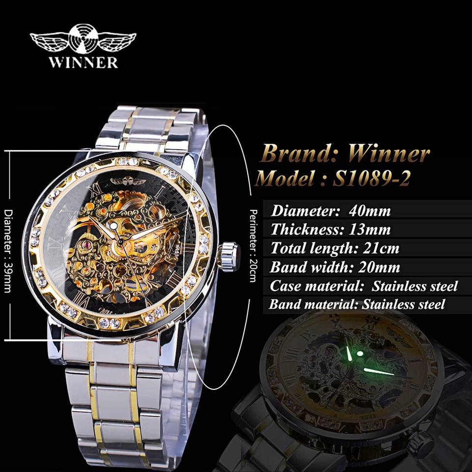 Relojes de pulsera mecánicos huecos de diamantes de acero inoxidable de lujo T-Winner para hombre Foto 4 de 4