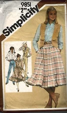 9851 Vintage Simplicity Sewing Pattern Misses Skirt Straight Leg Pants Shirt