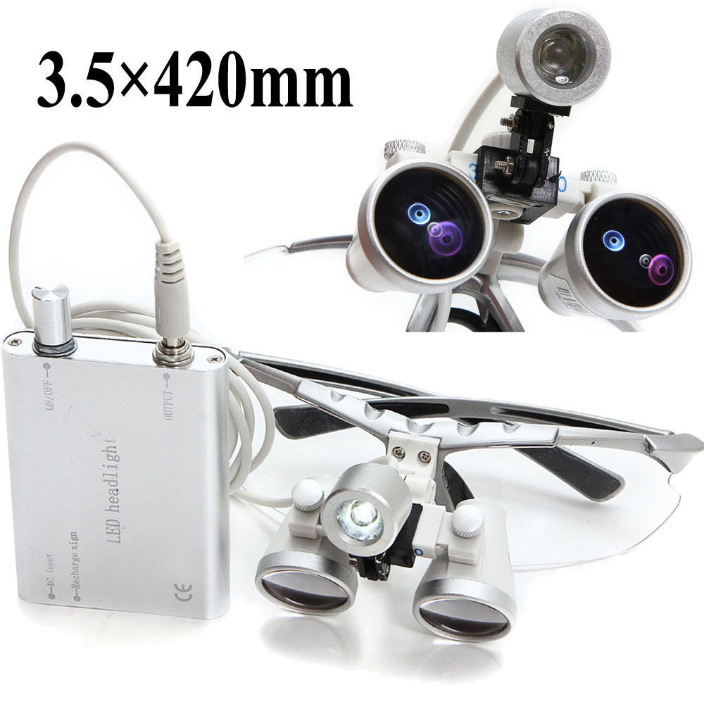 Dental Loupes 3.5X 420mm Surgical Binocular Optical Glass LED Head Light Lamp