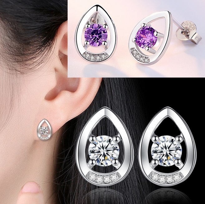 Fashion Sterling Silver Waterdrop Cubic Zirconia Stud Earrings Gift Box I261A