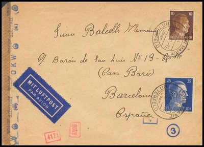Zona Nacional. Campo de Concetración. SOBRE 1942. 10 p castaño y 25 p azul, amb