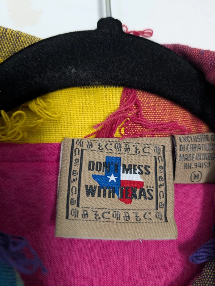 Vintage 90s Rainbow Patchwork Fringe Jacket M “Don’t Mess With Texas” India Rare - Image 4 of 4