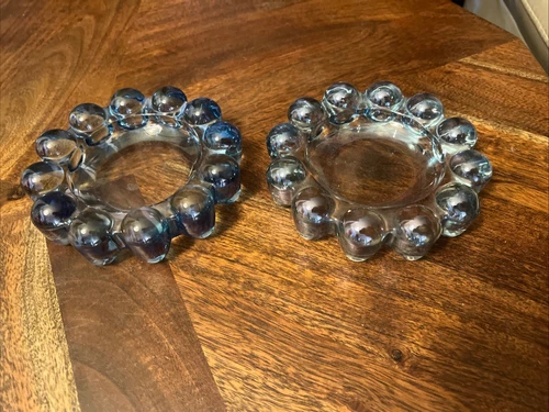 MCM VTG Anchor Bubble Ashtray Trinket Dish Coaster x2 Art BLUE and Clear Glass